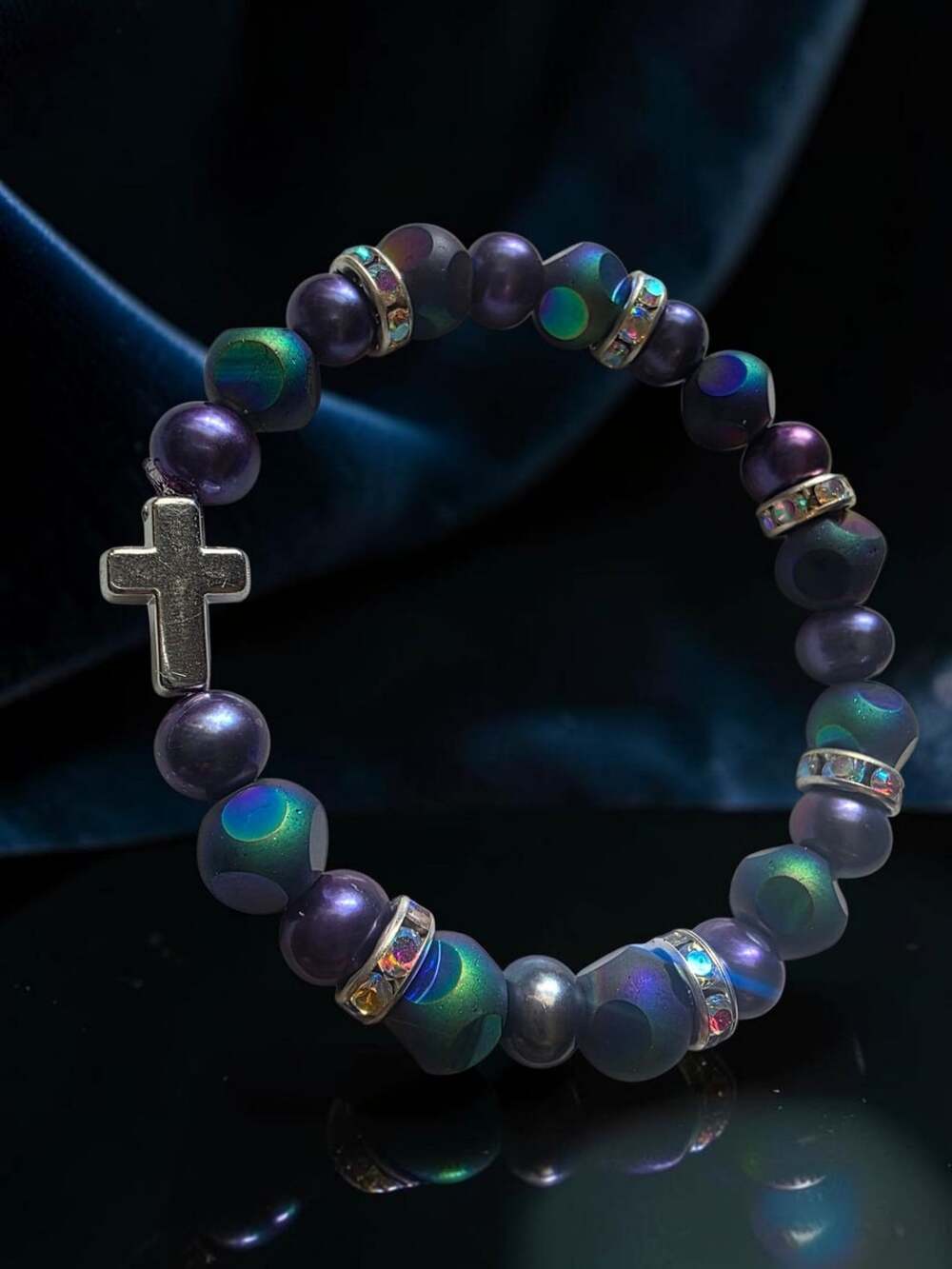 Shimmering Cross Bead Bracelet Purple Iridescent Beaded Stretch Jewelry